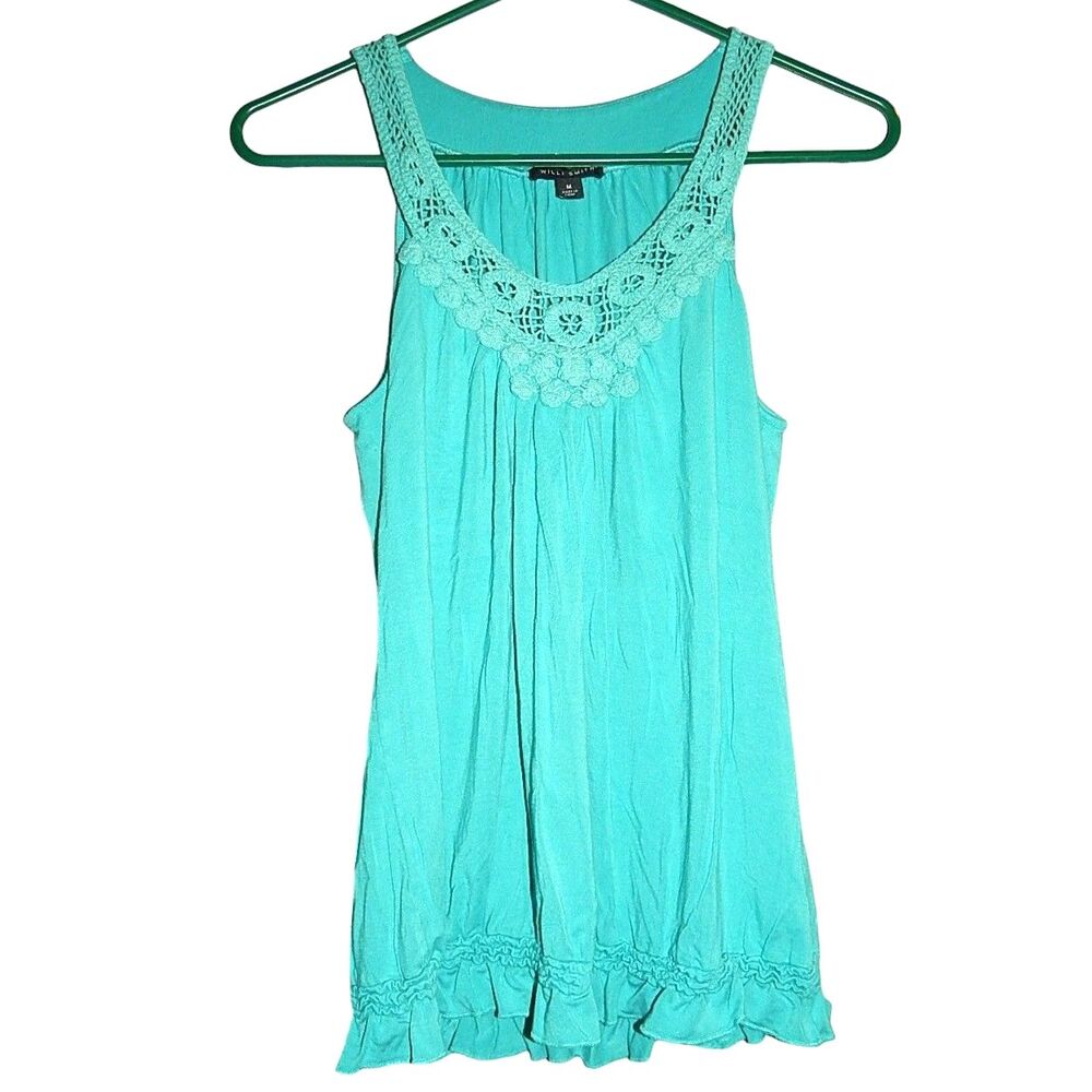 Willi Smith Women’s Medium Teal Crochet Tank Top Sleeveless Blouse Stretchy